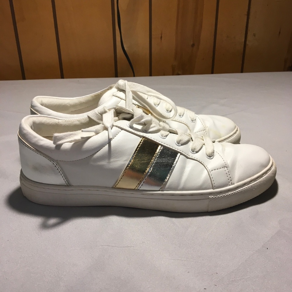 J Crew womens sneakers white w/ silver and gold stripes Size 9.5 - Picture 4 of 8
